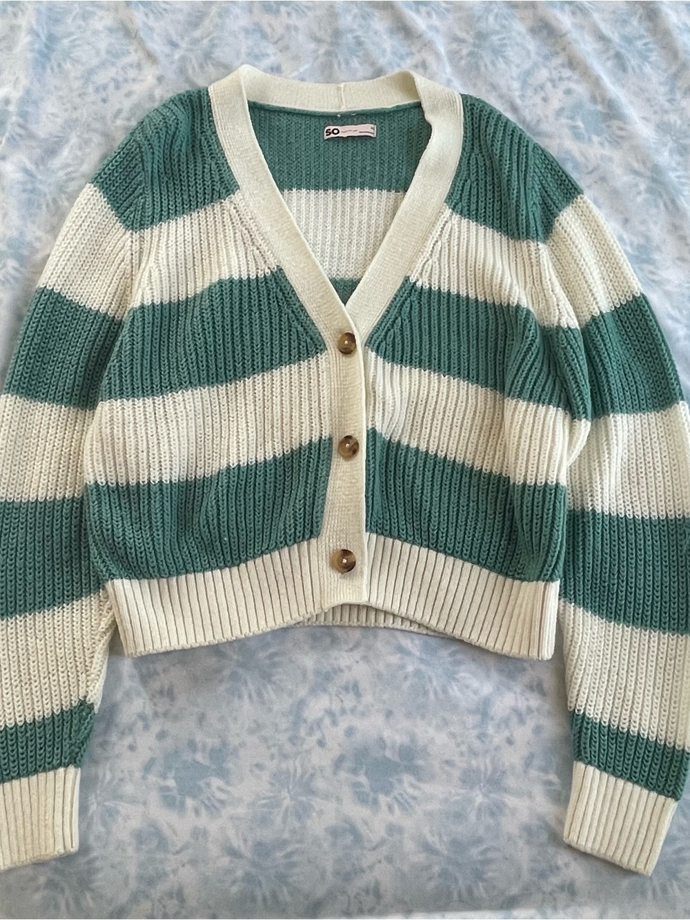 SO Green & Cream Striped V-Neck Button Cardigan